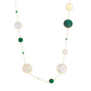 Lace Mixed Motif Malachite, White Mother of Pearl and Diamond Tin Cup Necklace