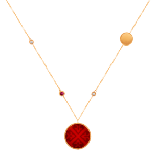 Lace Double Medallion Necklace in 18K Rose Gold With Red Carnelian, Ruby And Diamonds