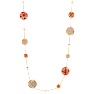 Lace Necklace in 18K Rose Gold Including Nine Medallions With Red Carnelian, Ruby, White MOP And Diamonds