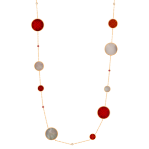 Lace Necklace in 18K Rose Gold Including Nine Medallions With Red Carnelian, Ruby, White MOP And Diamonds