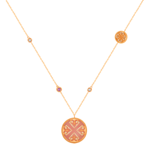 Lace Double Medallion Necklace in 18K Rose Gold With Pink Opal, Pink Sapphire And Diamonds