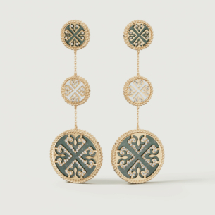 Lace White and Black Mother of Pearl Diamond Three Motifs Drop Earrings in 18K Yellow Gold