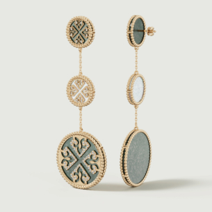 Lace White and Black Mother of Pearl Diamond Three Motifs Drop Earrings in 18K Yellow Gold