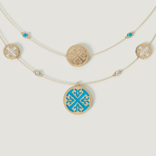 Lace Turquoise Stone with White Mother of Pearl Diamond Two Layerd Necklace in 18K Yellow Gold