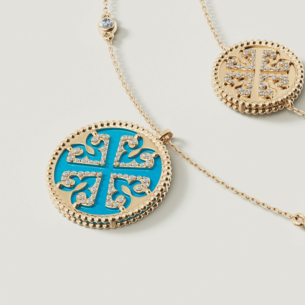 Lace Turquoise Stone with White Mother of Pearl Diamond Two Layerd Necklace in 18K Yellow Gold