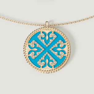 Lace Turquoise Stone with White Mother of Pearl Diamond Two Layerd Necklace in 18K Yellow Gold