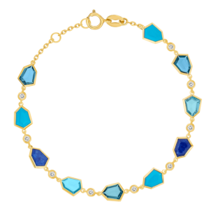 Spring 18k Yellow Gold Bracelet with Turquoise, Lapis Lazuli, Swiss Blue Topaz, London Blue Topaz and Diamond