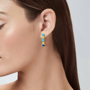 Spring 18k Yellow Gold Curved Earrings with Turquoise, Blue Topaz, Lapis Lazuli and Diamond