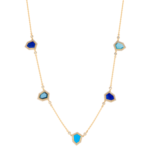 Spring 18k Yellow Gold Necklace with Turquoise, London Blue Topaz, Lapis Lazuli, Swiss Blue Topaz and Diamond 