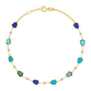 Spring 18k Yellow Gold Bracelet with Turquoise, Lapis Lazuli, Swiss Blue Topaz, London Blue Topaz and Diamond