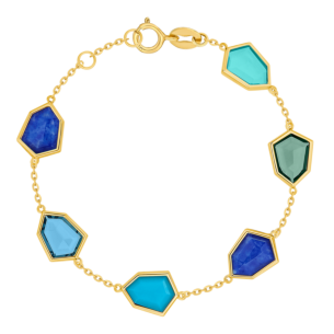 Spring 18k Yellow Gold Bracelet with Swiss Blue Topaz, London Blue Topaz, Lapis Lazuli and Turquoise