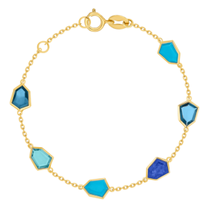 Spring 18k Yellow Gold Bracelet with Swiss Blue Topaz, London Blue Topaz, Lapis Lazuli and Turquoise