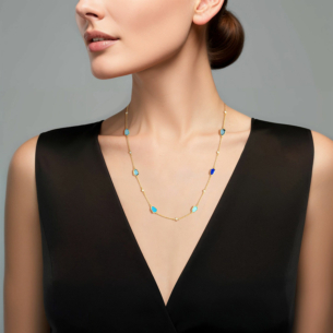 Spring 18k Yellow Gold Necklace with Turquoise, Lapis Lazuli, Swiss Blue Topaz, London Blue Topaz and Diamond