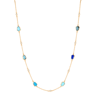 Spring 18k Yellow Gold Necklace with Turquoise, Lapis Lazuli, Swiss Blue Topaz, London Blue Topaz and Diamond