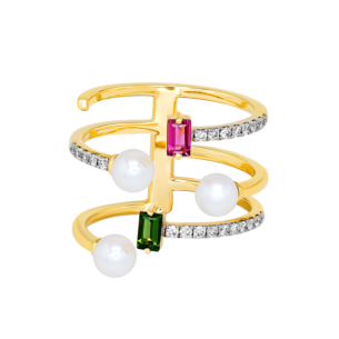 Harmony by Symphony Ring in 18K Yellow Gold with Akoya Pearls, Diamond, Pink and Green Tourmaline 