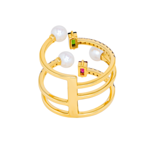 Harmony by Symphony Ring in 18K Yellow Gold with Akoya Pearls, Diamond, Pink and Green Tourmaline 