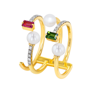 Harmony by Symphony Ring in 18K Yellow Gold with Akoya Pearls, Diamond, Pink and Green Tourmaline 