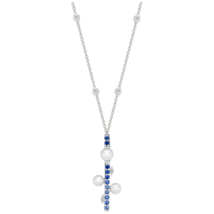 Harmony by Symphony Necklace 18K White Gold  with Akoya Pearls, Diamonds and Blue Sapphires