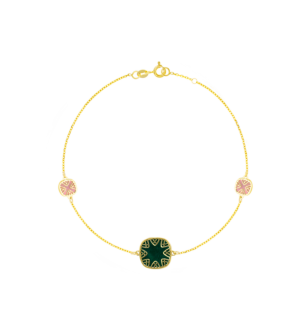 Amelia España Green and Pink Mother Of Pearl Bracelet Three Motifs in 18K Yellow Gold 