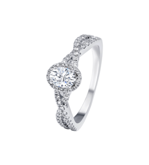 Damas Engagement 0.5 Carat Oval Cut Diamond Engagement  Ring With Double Overlapping Diamond Studded Band 