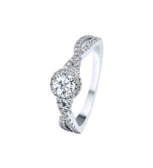 Damas Engagement 0.3 Carat Round Brilliant Diamond Engagement Ring With Double Overlapping Diamond Studded Band 