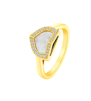 Dome Art Deco Yellow Gold Ring with Mother of Pearl and Diamond