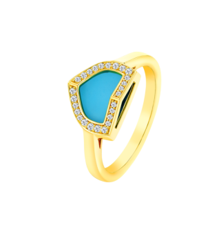 Dome Art Deco Yellow Gold Ring with Turquoise and Diamond