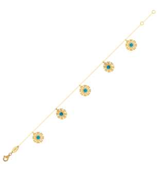 Farfasha Sunkiss Anklet in 18K Yellow Gold With Five Arfaj Flowers studded with Turquoise