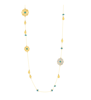 Farfasha Sunkiss Necklace in 18K Yellow Gold With Three Arfaj Flowers, Flower Petals, White MOP and Turquoise