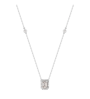 Gaia Emerald Diamond Necklace in 18K White Gold with Diamond Halo
