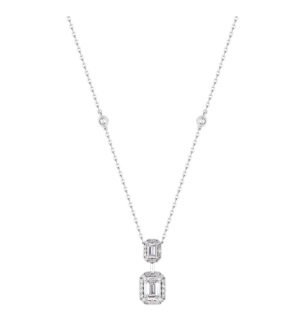 Emerald Cut Diamond Necklace in 18K White Gold With Diamond Halo