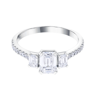 Gaia Three Emerald Cut Diamond Ring 18K White Gold With Diamond Pave Band