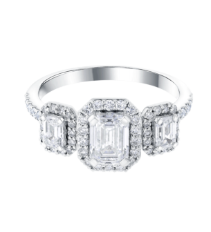 Gaia Three Emerald Cut Diamond Ring With Halo 18K White Gold With Pave Band