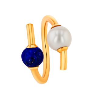 Kiku Glow Open Ring in 18K Yellow Gold With a Freshwater Pearl and a Lapiz Lazuli Stone