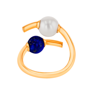 Kiku Glow Open Ring in 18K Yellow Gold With a Freshwater Pearl and a Lapiz Lazuli Stone