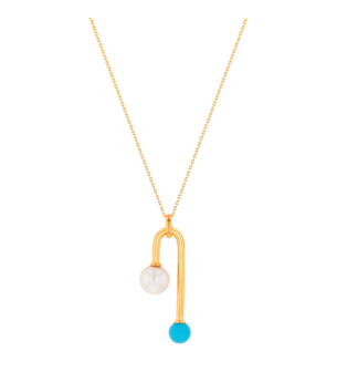 Kiku Glow Necklace in 18K Yellow Gold With a Freshwater Pearl and Turquoise Stone