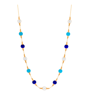 Kiku Glow Necklace in 18K Yellow Gold With Mix of Turquoise and Lapiz Lazuli Stones, and Freshwater Pearls