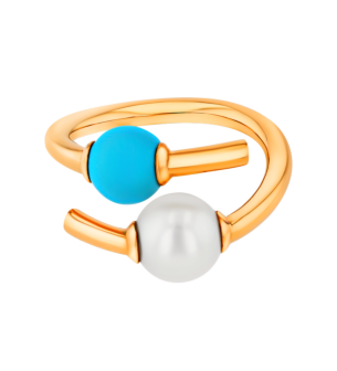 Kiku Glow Open Ring in 18K Yellow Gold With a Freshwater Pearl and a Turquoise Stone