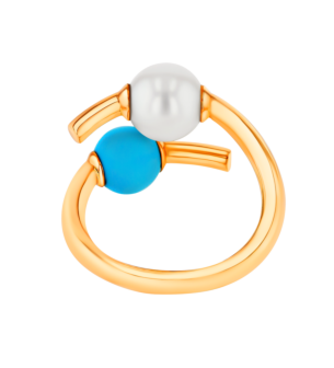 Kiku Glow Open Ring in 18K Yellow Gold With a Freshwater Pearl and a Turquoise Stone