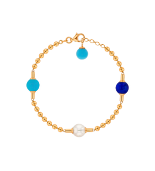 Kiku Glow Bracelet in 18K Yellow Gold With Two Turquoise Stones, a Lapiz Lazuli Stone and a Freshwater Pearl on a Chain of Golden Beads 