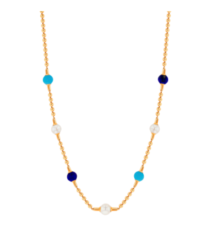 Kiku Glow Necklace in 18K Yellow Gold With Mix of Turquoise and Lapiz Lazuli Stones and Freshwater Pearls on a Chain of Golden Beads