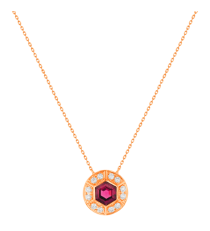 KANZI Necklace in 18K Rose Gold and studded with Raspberry Rhodolite.