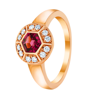 KANZI Ring in 18K Rose Gold and studded with Raspberry Rhodolite.