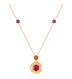 KANZI Necklace in 18K Rose Gold and studded with Raspberry Rhodolite Orange Citrine,
and Purple Amethyst.