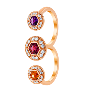KANZI Ring in 18K Rose Gold and studded with Raspberry Rhodolite Orange Citrine,
and Purple Amethyst.