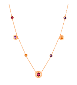 KANZI Necklace in 18K Rose Gold and studded  with Raspberry Rhodolite Orange Citrine,
and Purple Amethyst.