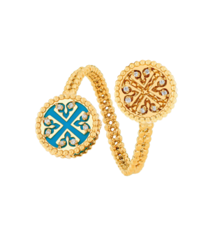 Lace Double Medallion Open Ring in 18K Rose Gold With Turquoise And Diamonds