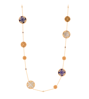 Lace Necklace in 18K Rose Gold Including Nine Medallions With Lapiz Lazuli, Blue Sapphire, White MOP And Diamonds