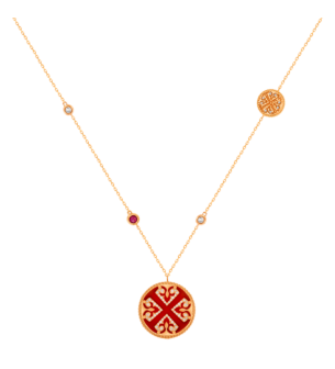 Lace Double Medallion Necklace in 18K Rose Gold With Red Carnelian, Ruby And Diamonds