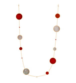 Lace Necklace in 18K Rose Gold Including Nine Medallions With Red Carnelian, Ruby, White MOP And Diamonds